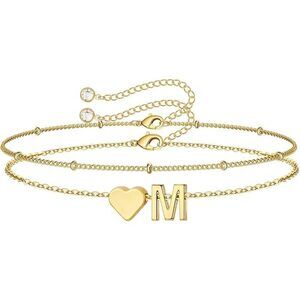 Bracelets For Women - 14K-Gold-Plated Heart Initial Letter M Bracelets For Women